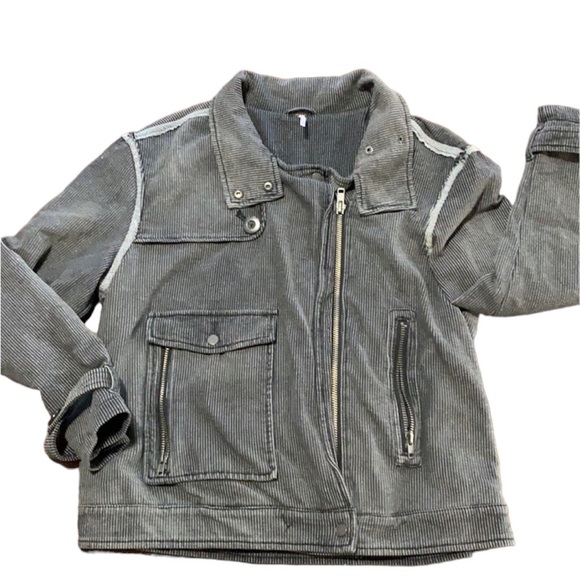 Free People Jacket oversized Moto Railroad Conductor Pinstripe knit bomber black - Picture 9 of 10